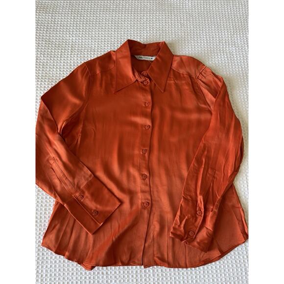 👻Zara Orange Satin Heavy Weight Top Large cuffs L - Picture 2 of 7
